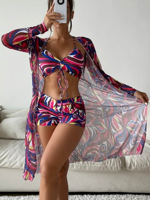 3 Pieces Sexy Print Bikini Women High Waist Swimsuit Cover Up