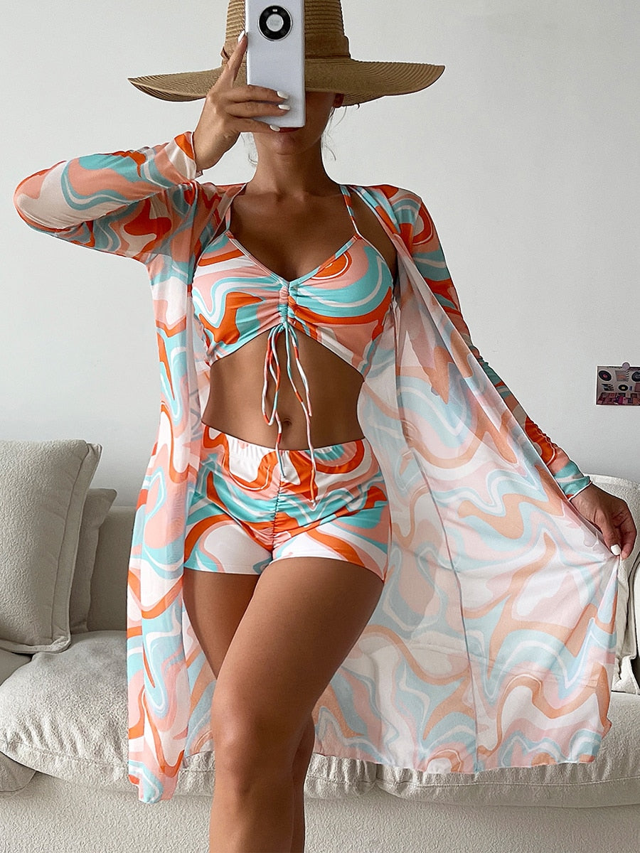 3 Pieces Sexy Print Bikini Women High Waist Swimsuit Cover Up