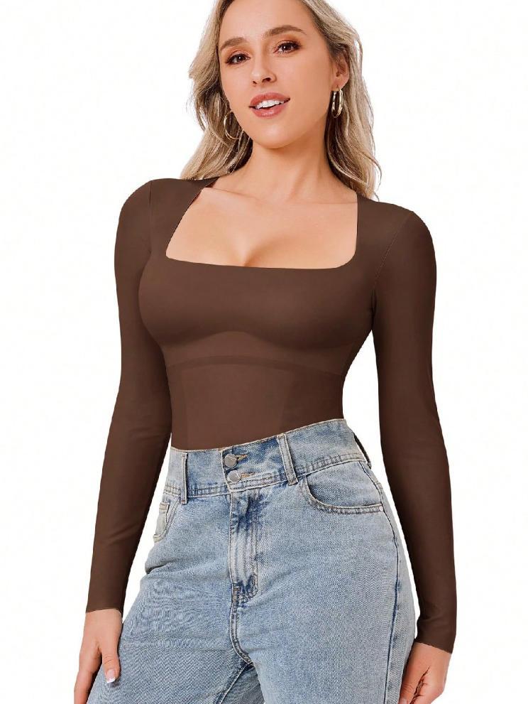 Women Long Sleeve Square Neck Tummy Shaper Bodysuit Sexy Slimming