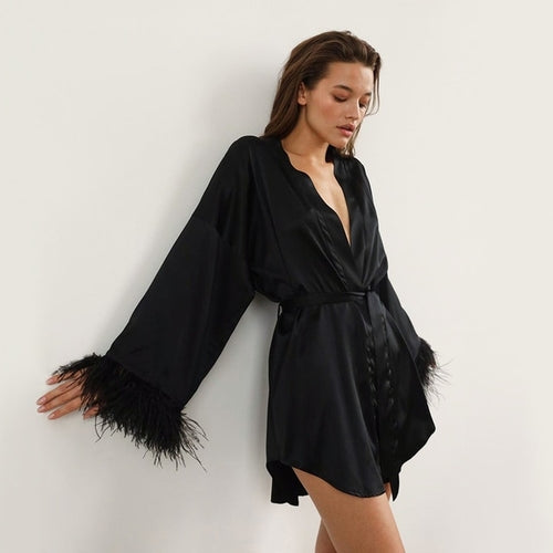 Women's Satin Feather Robes, Sexy Mini Dress
