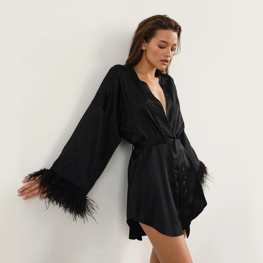 Women's Satin Feather Robes, Sexy Mini Dress