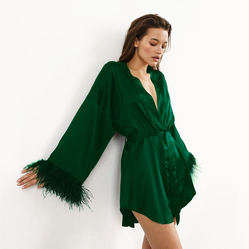 Women's Satin Feather Robes, Sexy Mini Dress