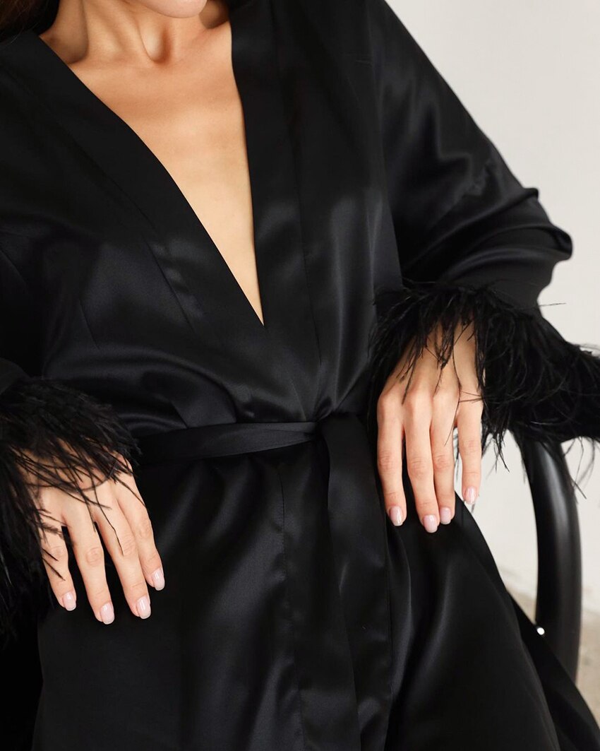 Women's Satin Feather Robes, Sexy Mini Dress