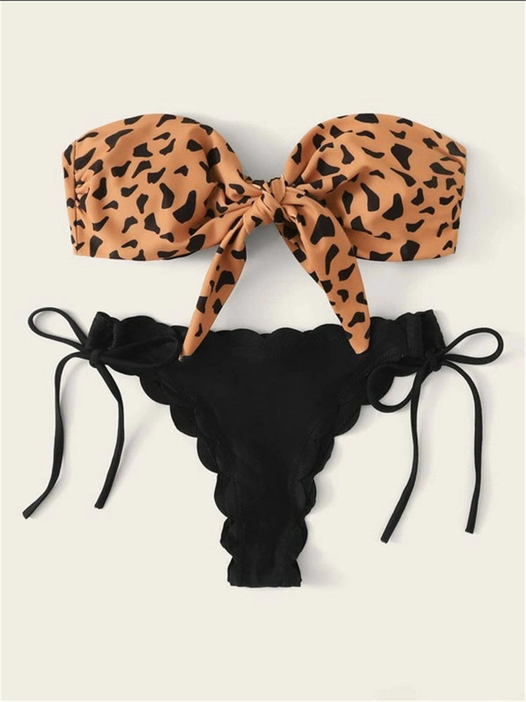 Beach Bikini Woman Sexy Front Lace Up Tie Strapless Leopard