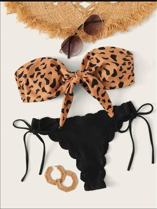 Beach Bikini Woman Sexy Front Lace Up Tie Strapless Leopard