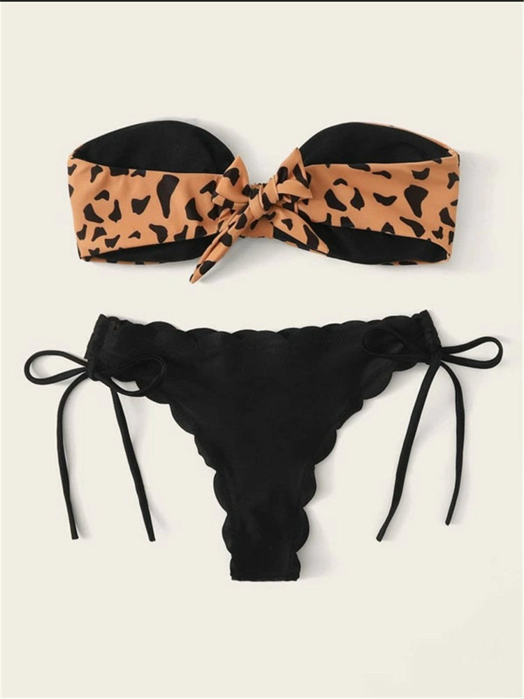 Beach Bikini Woman Sexy Front Lace Up Tie Strapless Leopard