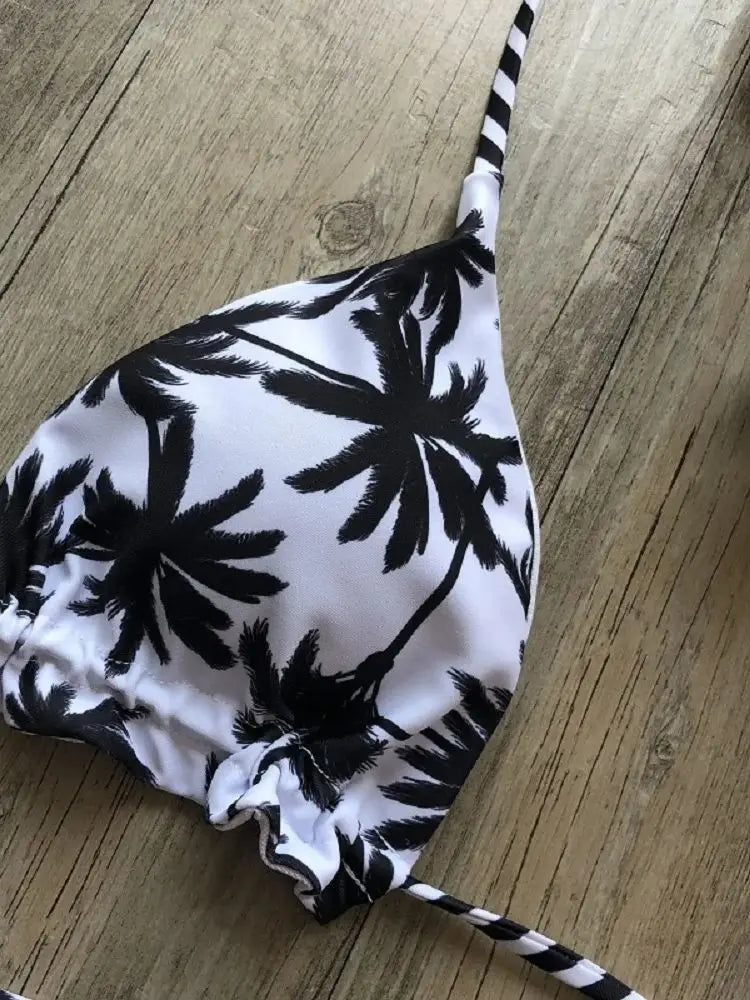 Sexy Black And White Coconut Tree Printed Bikini Sets