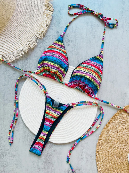 Letters Printed Colorful Mini Thong Bikini Women Swimwear