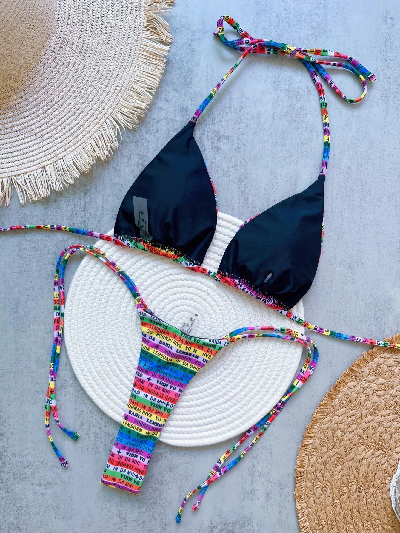 Letters Printed Colorful Mini Thong Bikini Women Swimwear