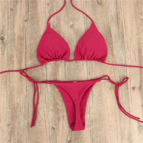 Sexy Thong Bikini Set Side Halter Tie Swimsuit Ladies Split Strap