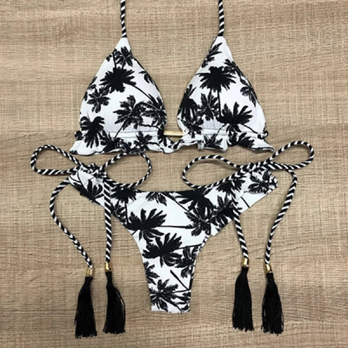 Sexy Black And White Coconut Tree Printed Bikini Sets