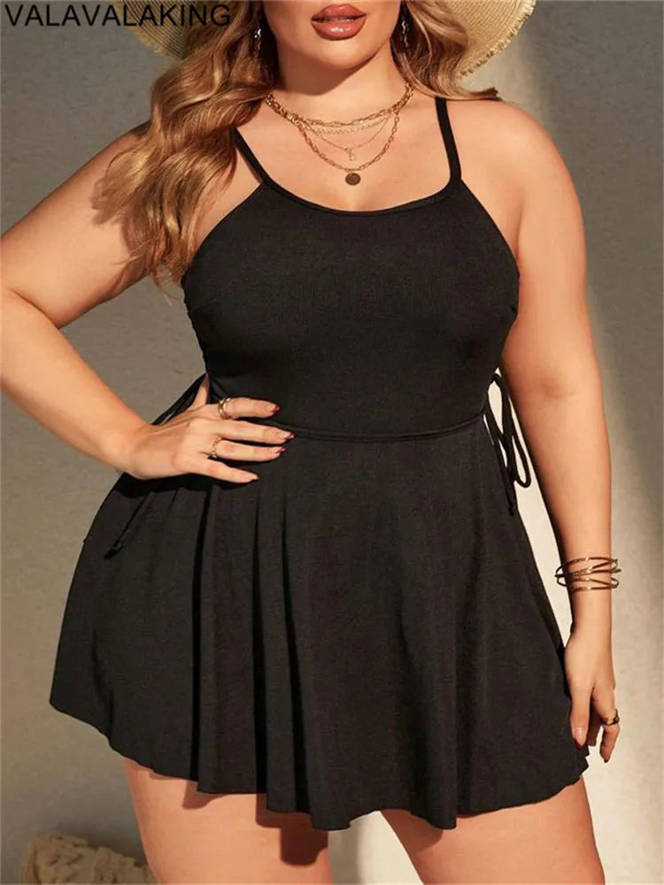 Black Strapped Plus Size Swimwear Women Cross Hollow Large One