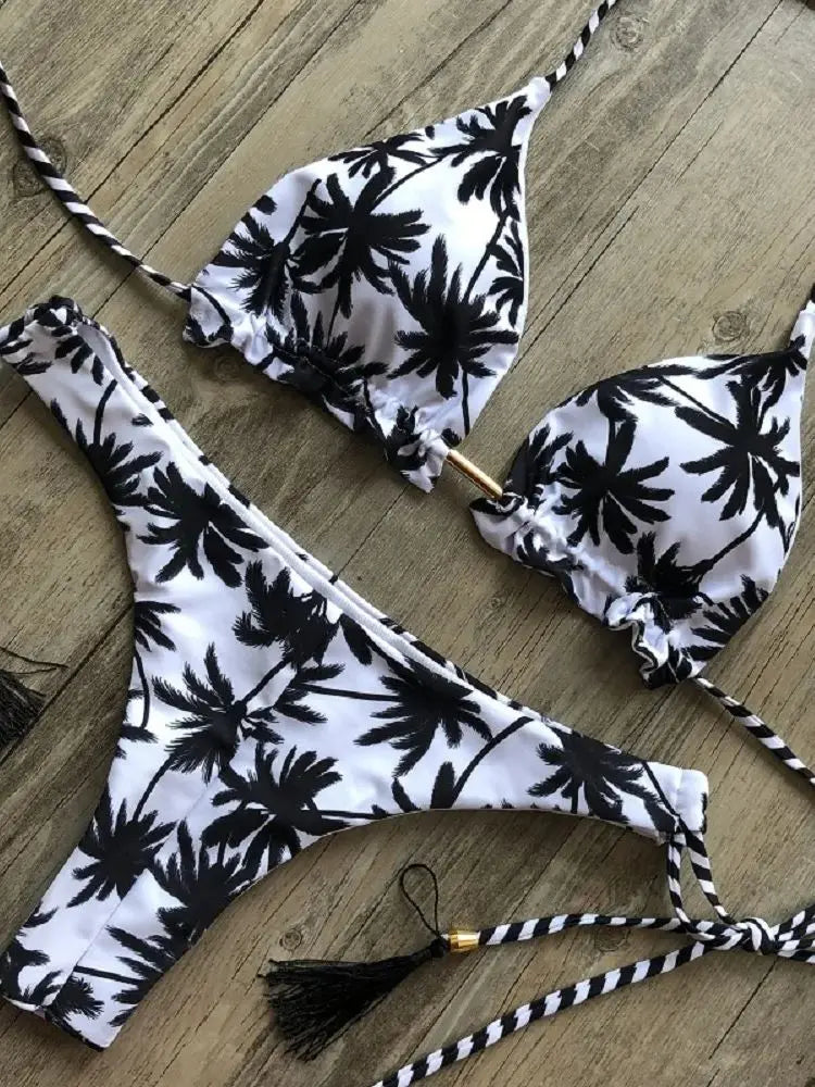 Sexy Black And White Coconut Tree Printed Bikini Sets
