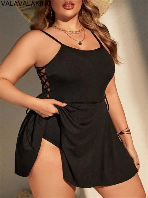 Black Strapped Plus Size Swimwear Women Cross Hollow Large One