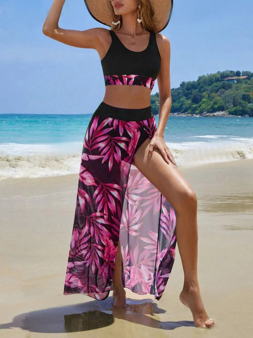 Print Three Pieces Bikini With Vent Long Skirt Swimsuit Women
