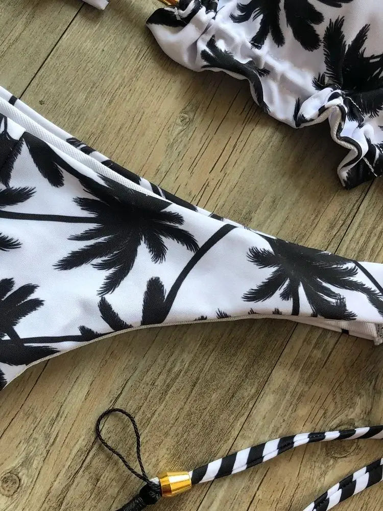 Sexy Black And White Coconut Tree Printed Bikini Sets