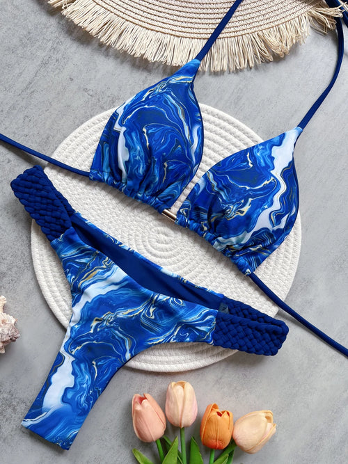 Print Halter Mini Thong High Cut Bikini Female Swimsuit