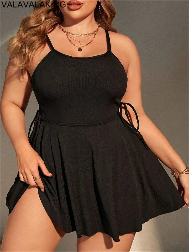 Black Strapped Plus Size Swimwear Women Cross Hollow Large One