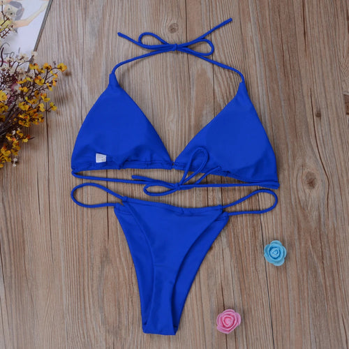 Sexy Thong Bikini Set Side Halter Tie Swimsuit Ladies Split Strap