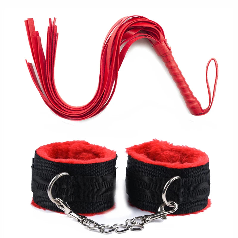 44cm PU Leather Whip Flogger Plush Nylon Plush Sex Handcuffs Bondage