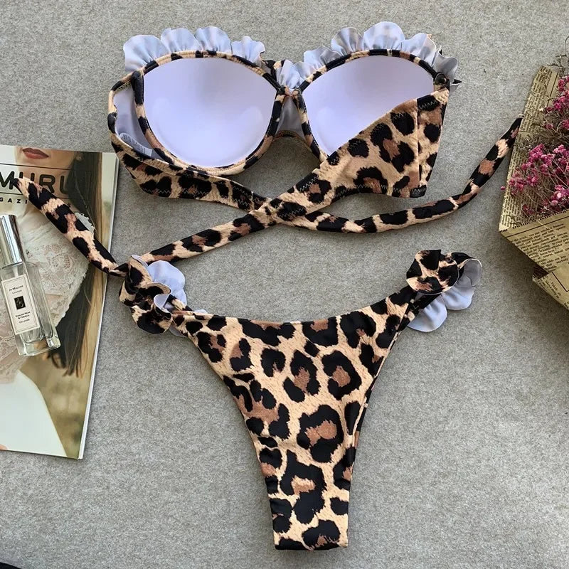 Sexy ruffles strapless bikinis sets women leopard print swimsuit two