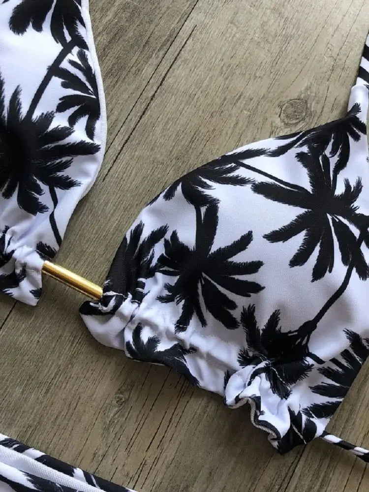 Sexy Black And White Coconut Tree Printed Bikini Sets