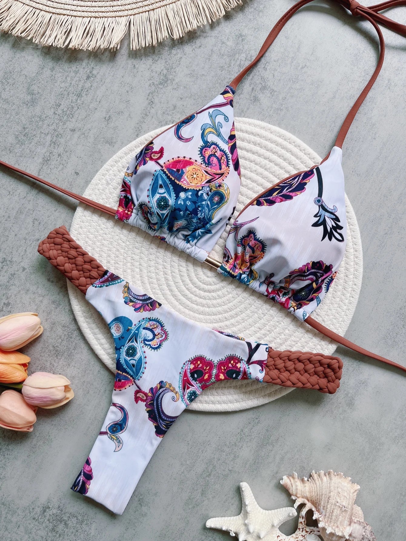 Print Halter Mini Thong High Cut Bikini Female Swimsuit