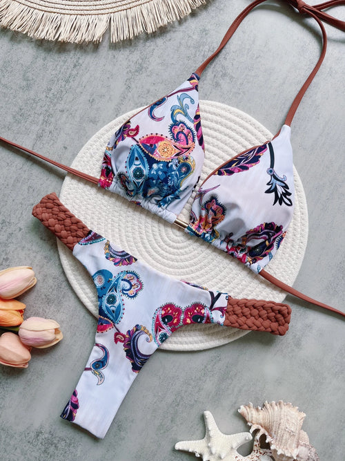 Print Halter Mini Thong High Cut Bikini Female Swimsuit