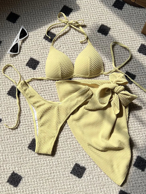 With Beach Sarong Bra Cup Wrinkled Bikini Female Swimsuit Women