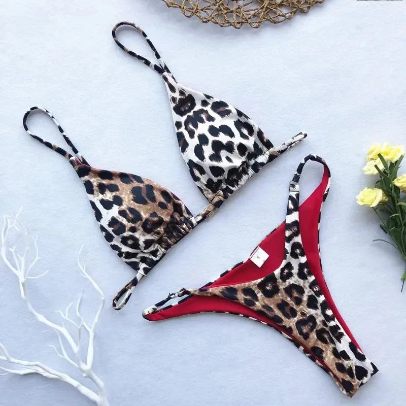 sexy micro bikinis set women leopard print high cut swimsuit padded