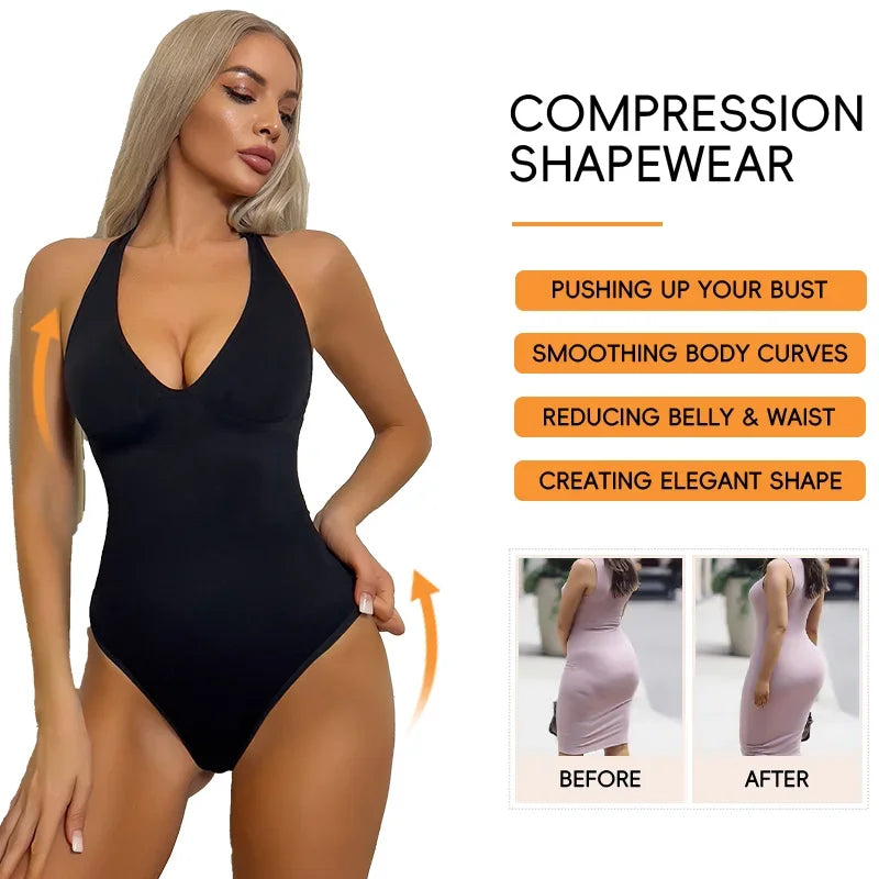 Halter Bodysuit Deep V Camisole Adjustable Strap Shapewear Top Tummy
