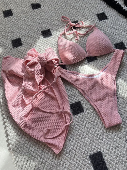 With Beach Sarong Bra Cup Wrinkled Bikini Female Swimsuit Women