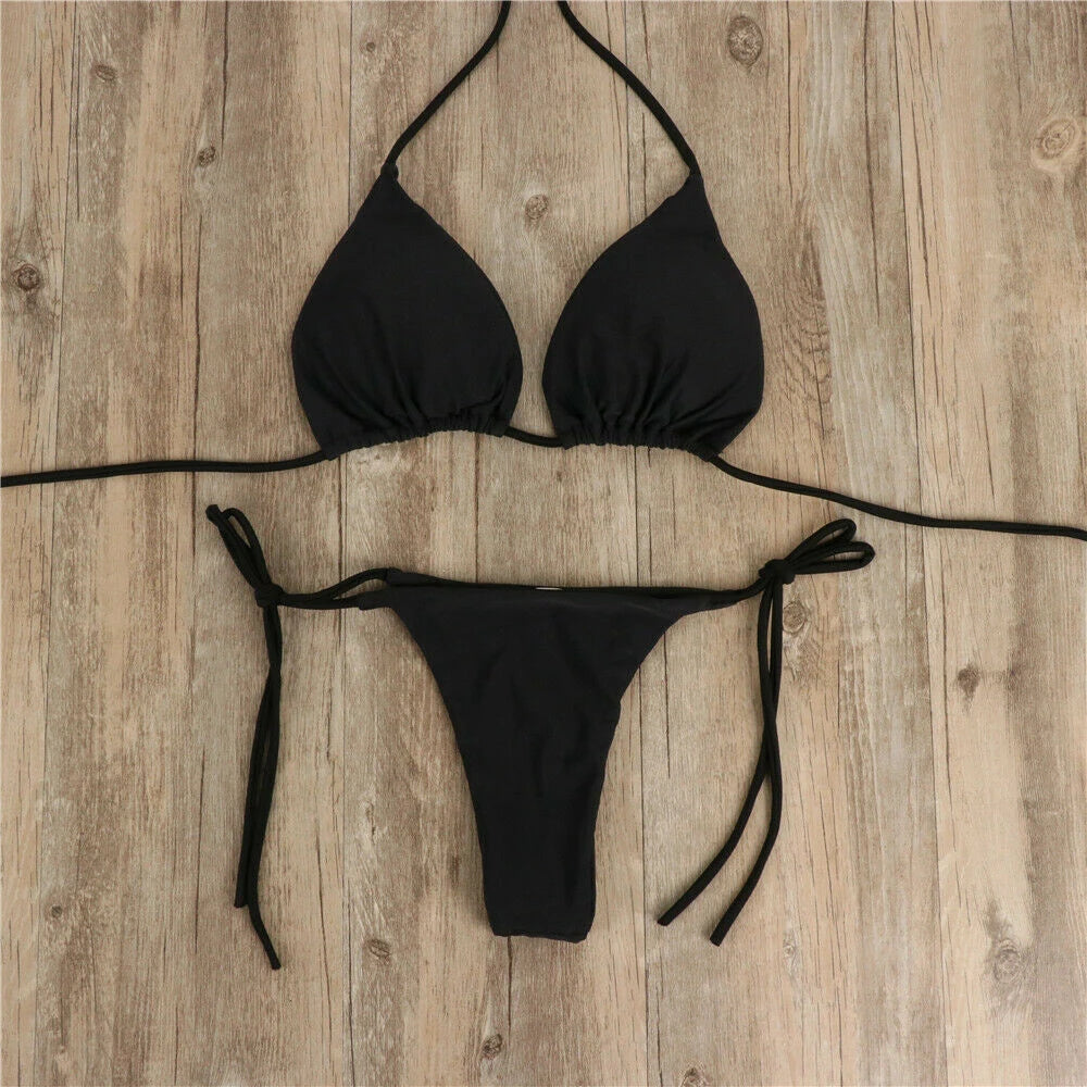 Sexy Thong Bikini Set Side Halter Tie Swimsuit Ladies Split Strap