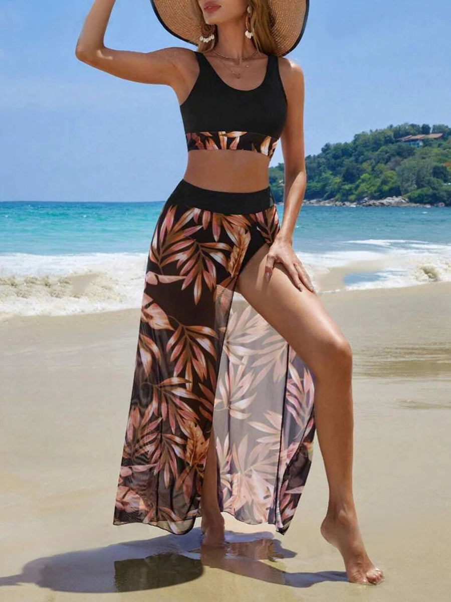 Print Three Pieces Bikini With Vent Long Skirt Swimsuit Women