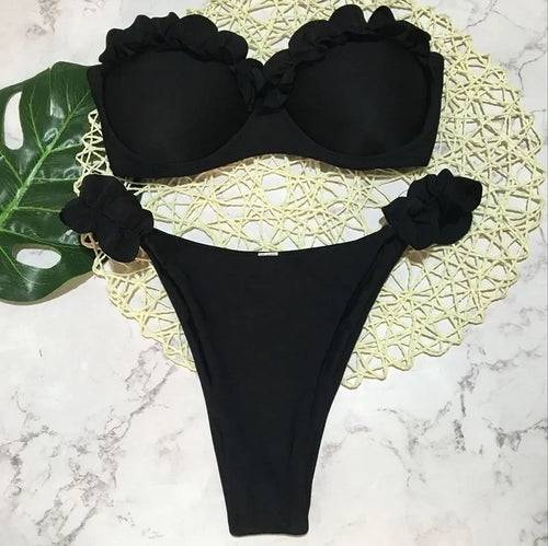 Sexy ruffles strapless bikinis sets women leopard print swimsuit two