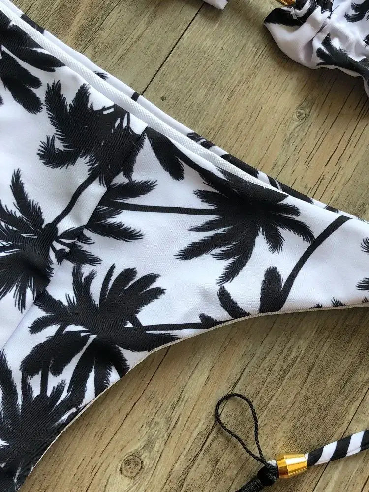 Sexy Black And White Coconut Tree Printed Bikini Sets
