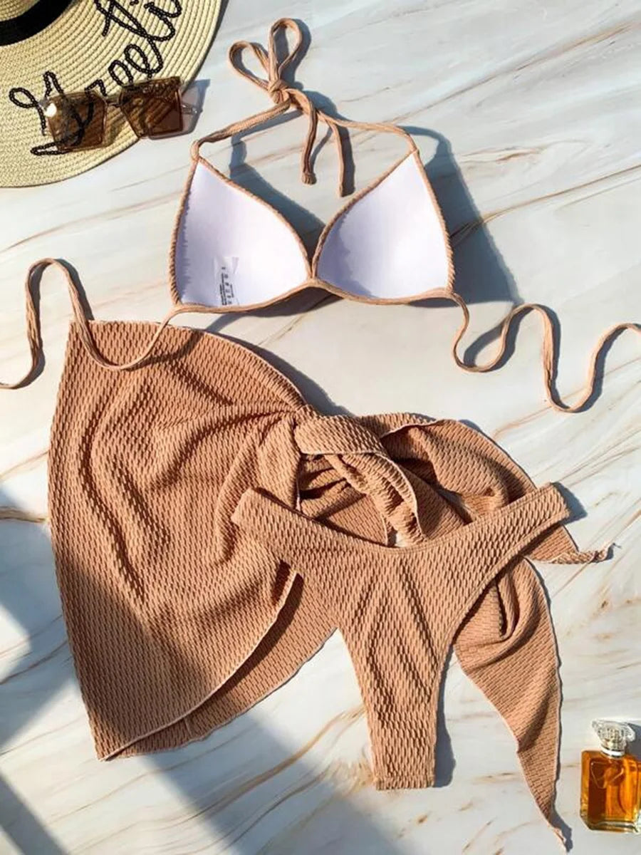 With Beach Sarong Bra Cup Wrinkled Bikini Female Swimsuit Women
