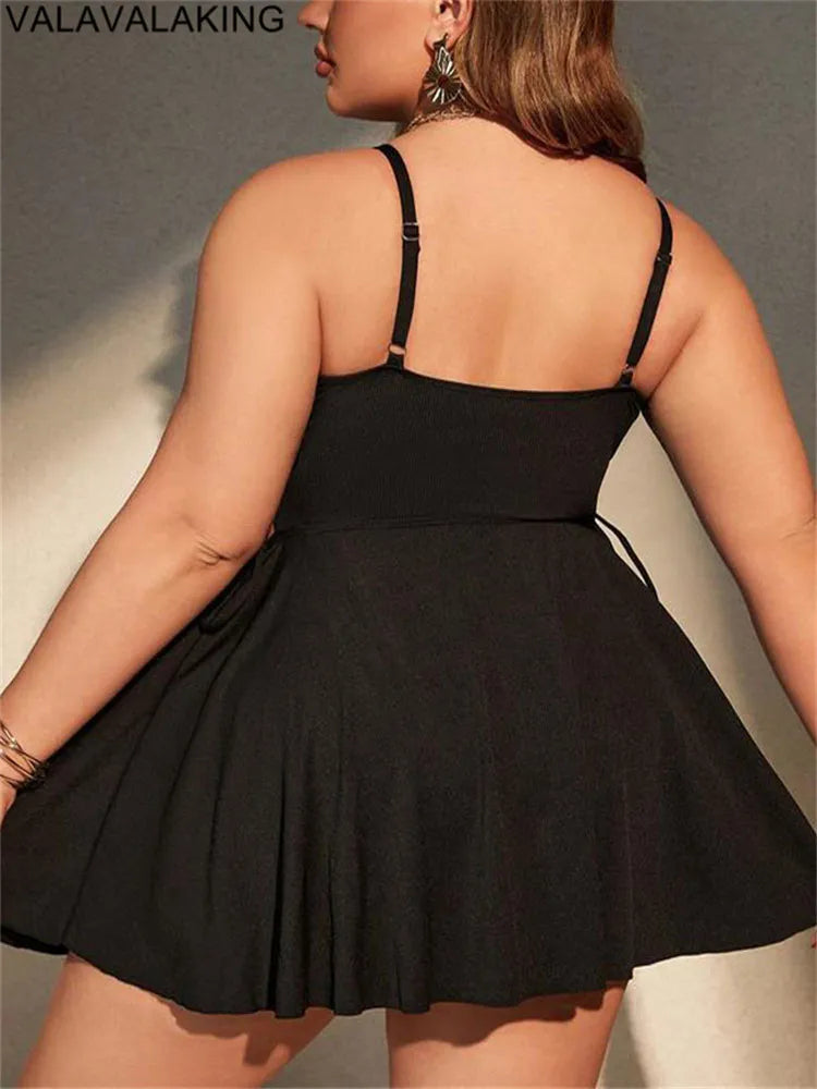 Black Strapped Plus Size Swimwear Women Cross Hollow Large One