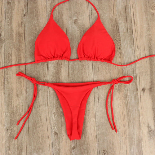 Sexy Thong Bikini Set Side Halter Tie Swimsuit Ladies Split Strap