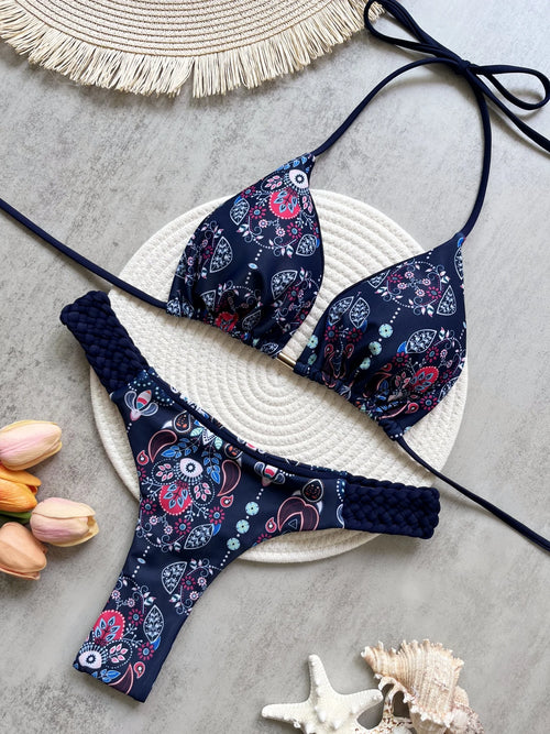 Print Halter Mini Thong High Cut Bikini Female Swimsuit
