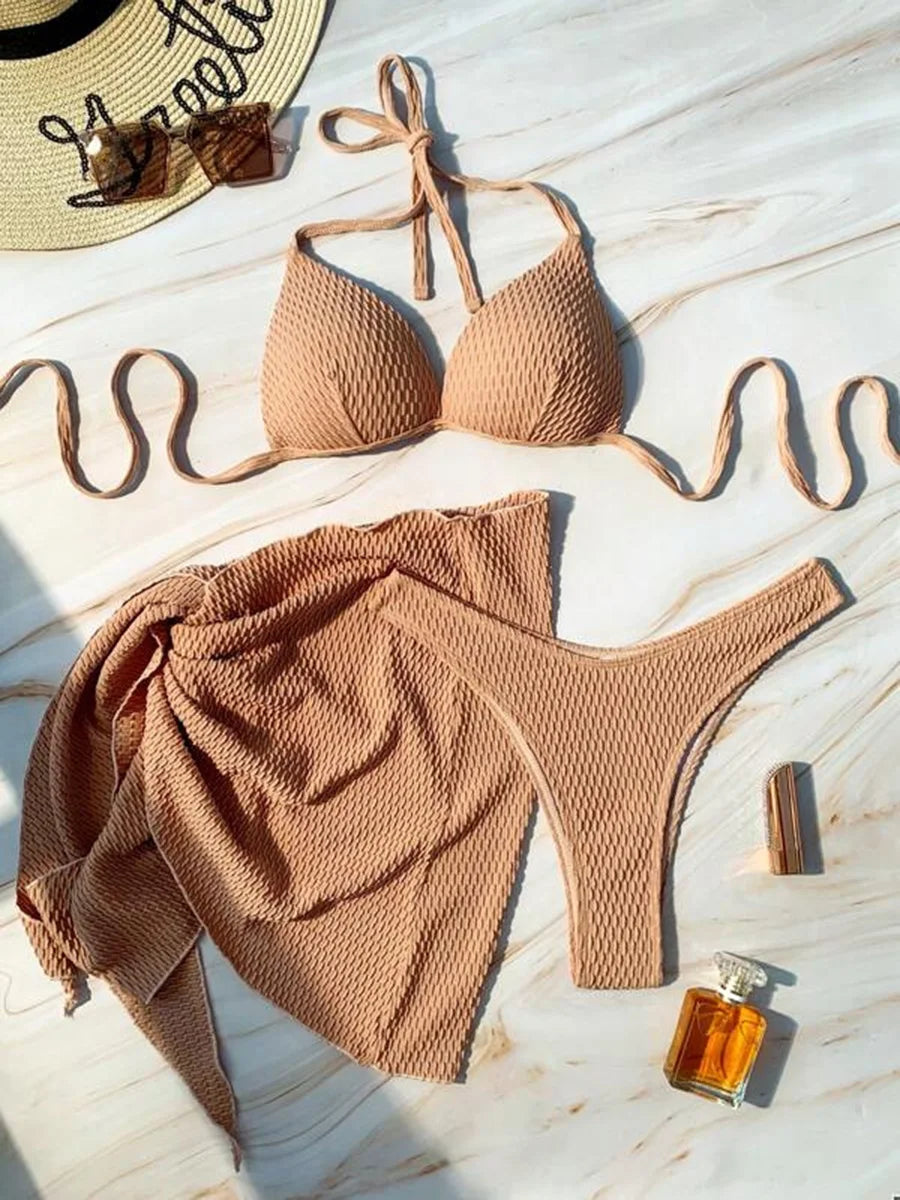 With Beach Sarong Bra Cup Wrinkled Bikini Female Swimsuit Women