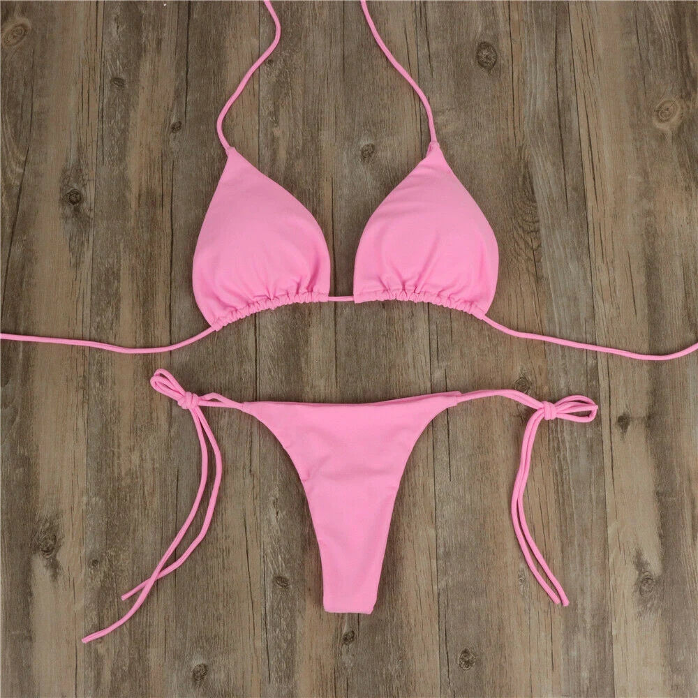 Sexy Thong Bikini Set Side Halter Tie Swimsuit Ladies Split Strap