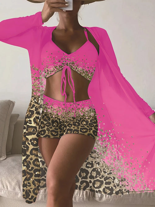 3 Pieces High Waist Bikini Printed Swimsuit Women & Kimono
