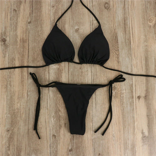 Sexy Thong Bikini Set Side Halter Tie Swimsuit Ladies Split Strap
