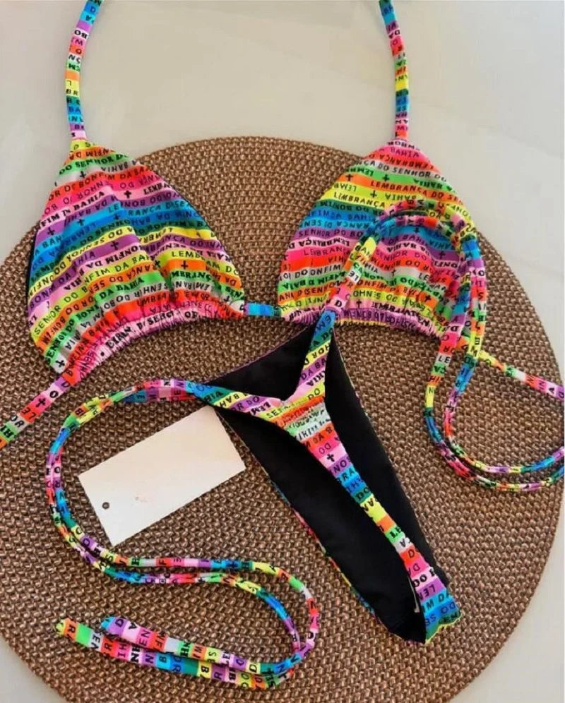 Letters Printed Colorful Mini Thong Bikini Women Swimwear