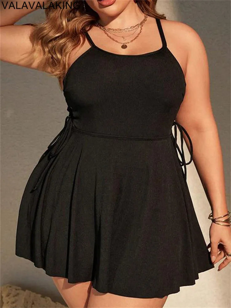 Black Strapped Plus Size Swimwear Women Cross Hollow Large One