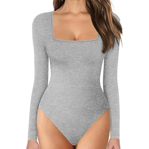 Women Long Sleeve Square Neck Tummy Shaper Bodysuit Sexy Slimming