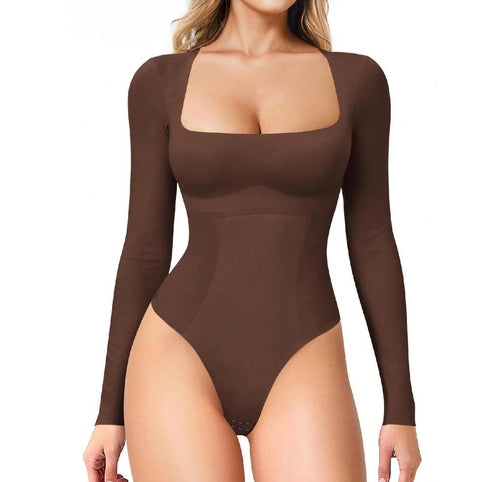 Women Long Sleeve Square Neck Tummy Shaper Bodysuit Sexy Slimming
