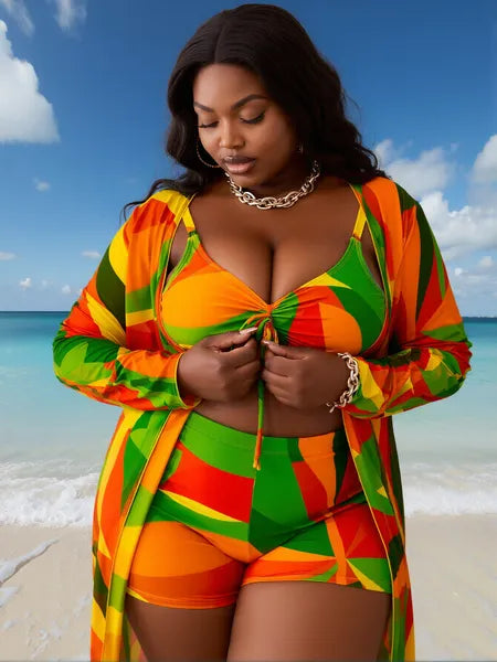 Plus  size multi color patchwork printed  three-Piece Set