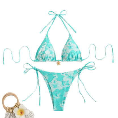 Printed Tight-fitting Lace-up Open-back Two-piece Swimsuit